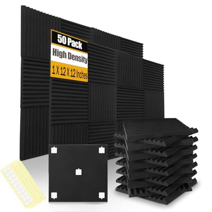 50 Pack Acoustic Foam Panels 1" X 12" X 12" Wedge Soundproof Studio Foam for Walls Sound Absorbing Panels Sound Insulation for Studio (50 Pack, Black) - size: 50 Pack
