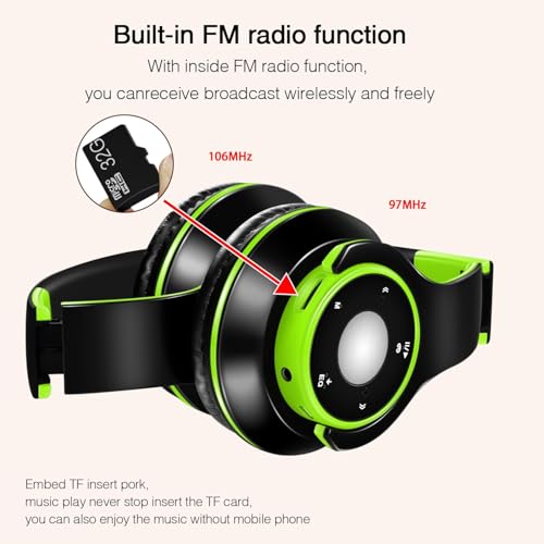 Bluetooth Headphones Over Ear, Wireless Headphones with 5 EQ Modes, 20 Hours Playtime Foldable HiFi Stereo Headset with Microphone, FM/TF for Cellphone/PC/Work/Travel/Kids/Adults/Gift (Green) - color: Green