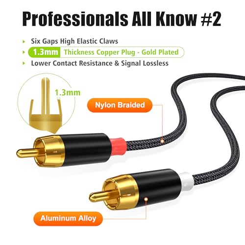 AGVEE 4ft RCA Cable, 2 RCA Male Thickened Six Claws Plug - color: Black, size: 4ft