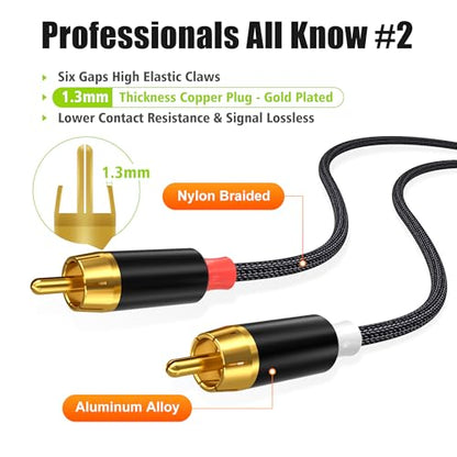AGVEE 6.6ft RCA Cable, 2 RCA Male Thickened Six Claws Plug - color: Black, size: 6.6ft