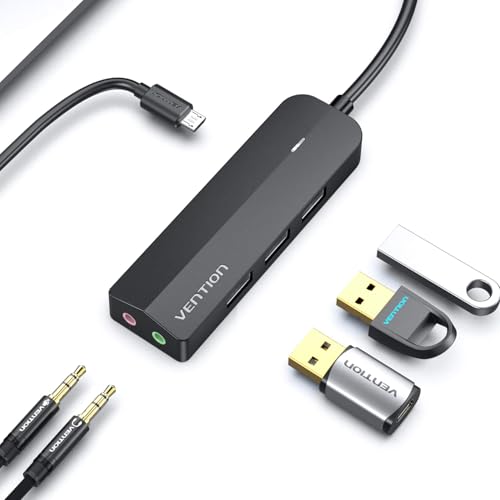 VENTION USB 3.0 Hub, 3 USB A Ports, USB to 3.5mm Jack Audio Adapter, USB External Sound Adapter for Windows Mac Linux PC Laptop Destops PS5 Switch 2