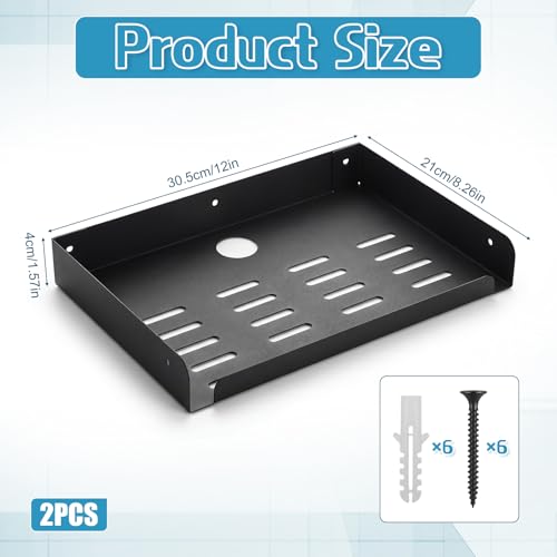 2 Pcs Metal Floating Shelf 12" x 8" Heavy Duty Wall Mounted Shelf | Metal Floating Shelf Deep Display Shelf for TV Components Router Game Console DVD Player Cable Box with Cable Management