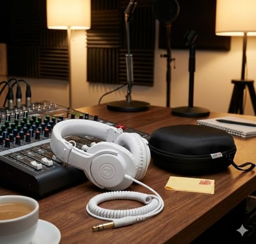 Audio-Technica ATH-M20xWH Professional Monitor Headphones - White Bundle with Case and Austin Bazaar Polishing Cloth - color: White, style: M20x