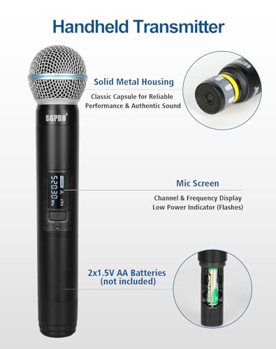 SGPRO SG-400FHB 4-Channel Wireless Microphone System | 2 handheld and 2 headset mics, 250 ft range, Metal mics and receiver, Fixed frequency, Events and live performance