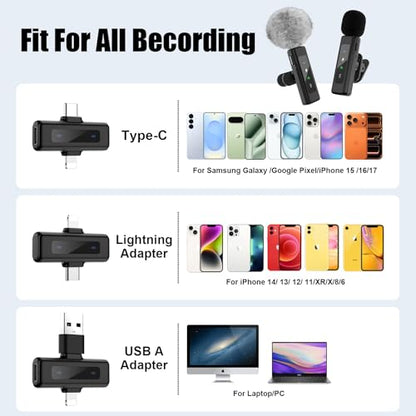 Wireless Mini Microphone for iPhone, Android - 2 Pack Lavalier Microphone for Video Recording,Clip-on Mics Content Creator Microphones for YouTube Tiktok Podcast Vlogging