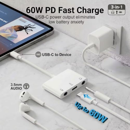 USB C to Microphone & 3.5mm Headphone Adapter with PD Fast Charging for Live-Streaming, 3-in-1 Aux to USB C Audio & MIC Splitter Compatible with iPhone 17/16/15, iPad Pro, Galaxy S26, and More