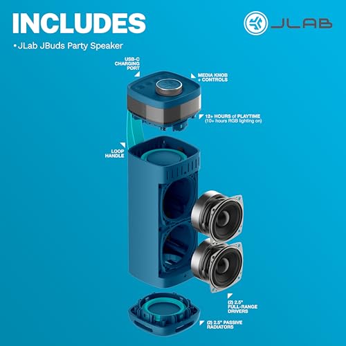 JLab, JBuds Party, Portable Bluetooth Speaker, Waterproof, RGB Lighting, Multi-Speaker Connect, Navy - color: Navy