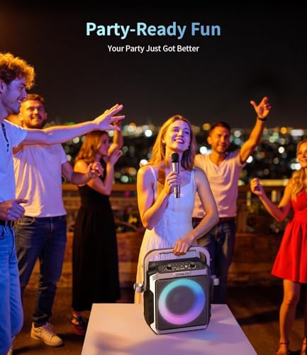 Portable Karaoke Machine, with 2 Wireless Mics, LED Lights, Loud Subwoofer, Outdoor Karaoke Speaker for Adults