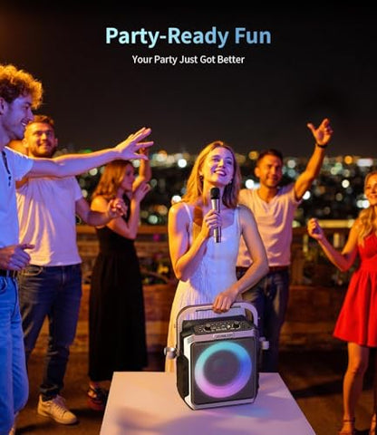 Portable Karaoke Machine, with 2 Wireless Mics, LED Lights, Loud Subwoofer, Outdoor Karaoke Speaker for Adults