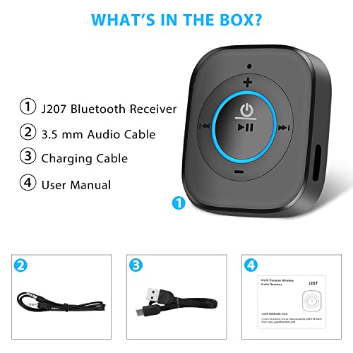 iDIGMALL Bluetooth 5.4 Receiver, AUX Wireless Audio Adapter for Car Speaker | Built-in Noise Cancelling Mic for Hands-Free Calls, 3.5mm AUX for Home Stereo Wired Headphones, 20Hrs Playtime, Multi-Point - color: J207