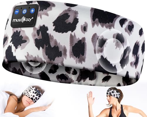 MUSICOZY Bluetooth 5.4 Sleep Headphones Headband Sports Wireless Audio | Earbuds 2 in 1 Design with Breathable Stretch Fabric, HD Stereo Sound Speakers for Workout Yoga Running, Nighttime Sleep Use - color: Beige Leopard