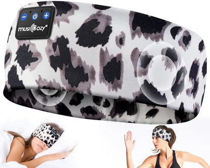 MUSICOZY Bluetooth 5.4 Sleep Headphones Headband Sports Wireless Audio | Earbuds 2 in 1 Design with Breathable Stretch Fabric, HD Stereo Sound Speakers for Workout Yoga Running, Nighttime Sleep Use - color: Beige Leopard