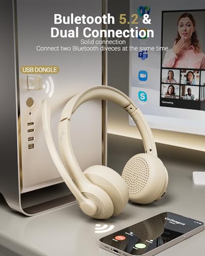 JIAMQISHI Wireless Headset with AI Noise Cancelling Microphone Bluetooth Headset - Bluetooth V5.2 Headphones with USB Dongle & Mic Mute for Computer/Laptop/PC/iPhone/Android/Cell Phones/Zoom-Apricot