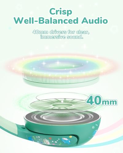 iClever BTH27 Toddler Headphones for 2+ Year Old Baby Kids Travel Study | SafeSound Tech3.0, 74H Playtime, Bluetooth 5.4, BPA Free, Aux, Soft Baby Headphones, Easy Operation, Adjustable, Green - color: Green