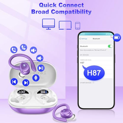 Wireless Earbuds Bluetooth Headphones Sport, Bluetooth 5.3 Earbud 3D HiFi Stereo Over Ear Buds, 48Hrs Earhooks Earphone with Noise Cancelling Mic, IP7 Waterproof Headset for Workout/Running/Gym - color: pure dark purple