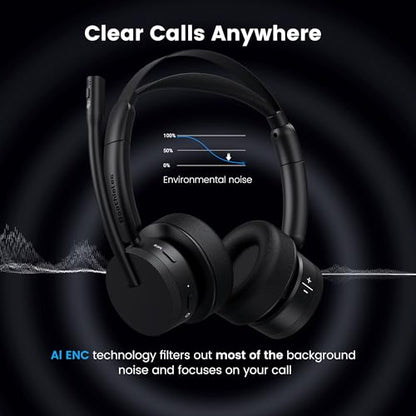 Wireless Headset with Mic for Work, Bluetooth Headset with Microphone for PC, Noise Cancelling Headphones with Mic Mute Button & USB for Call Center/Office/Home/Computer/Laptop/Cell Phones/Teams/Zoom