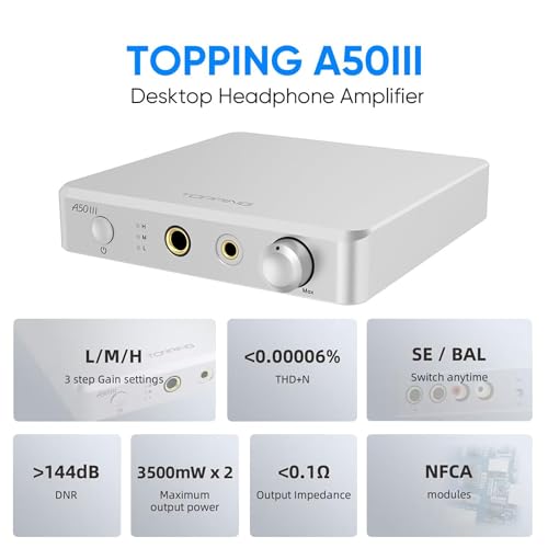 Topping A50 III NFCA Headphone Amplifier, 3500mW x 3500mW Home Audio Headphone Amp, RCA/TRS to 4.4mm/6.35mm Earphone Output with 3 Gain Settings 12V Trigger for IEM, Silver - color: Silver