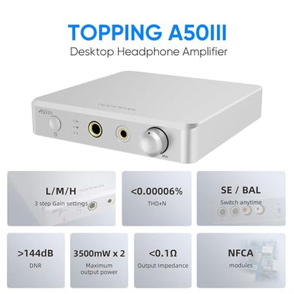 Topping A50 III NFCA Headphone Amplifier, 3500mW x 3500mW Home Audio Headphone Amp, RCA/TRS to 4.4mm/6.35mm Earphone Output with 3 Gain Settings 12V Trigger for IEM, Silver - color: Silver