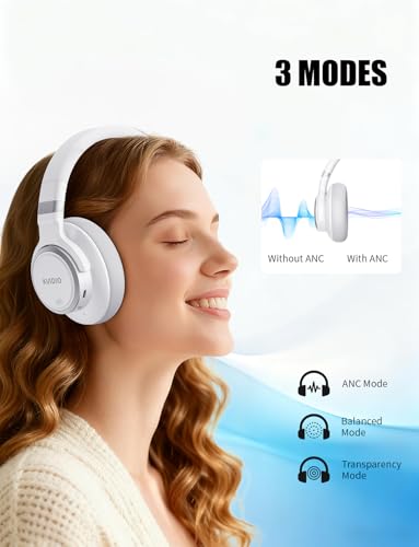 KVIDIO Hybrid Active Noise Cancelling Headphones Over Ear | Bluetooth Wireless ANC 70H Playtime, Transparency Mode, Microphone, Deep Bass, HiFi Stereo Sound for Home, Travel, Office - color: White