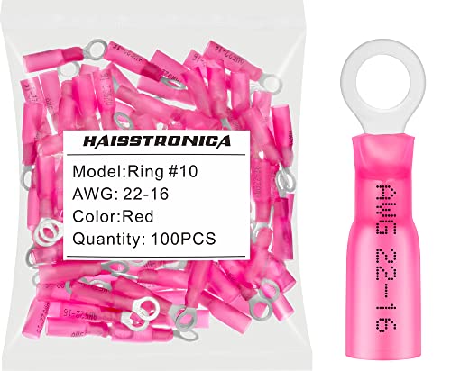 haisstronica 100PCS Heat Shrink Ring Terminals, 22-16 AWG, #10, Red | Battery and Ground Stud Connections, 0.7 mm Copper Barrel, 3:1 Adhesive-Lined Seal, Automotive Wiring Repairs, Ring Connector - color: Red, size: Ring #10
