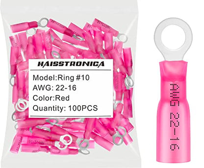 haisstronica 100PCS Heat Shrink Ring Terminals, 22-16 AWG, #10, Red | Battery and Ground Stud Connections, 0.7 mm Copper Barrel, 3:1 Adhesive-Lined Seal, Automotive Wiring Repairs, Ring Connector - color: Red, size: Ring #10