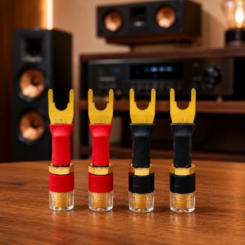 4-Pack Y-Spade to 4mm Banana Female Jack Socket Adapter, 24K Gold-Plated OFC Copper, Self-Locking 45° Fork, for Speaker Wire, Amplifier, AV Receiver, Home Theater, Hi-Fi Binding Post