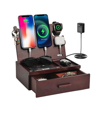 Nightstand Organizer with Drawer Built in 4 USB Quick Charger, Wood Phone Docking Station with Dual Phone Charging Station for Apple Android Phones Anniversary Birthday Gifts for Men Dad Hunsband Mom