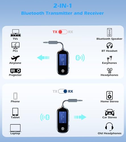 Bluetooth 5.3 Transmitter Receiver 2 in 1 with LCD Screen | Bluetooth Low Latency AUX Adapter for TV/Airplane/Car/Home Stereo, Bluetooth Audio Adapter for Headphones, Plug and Play - style: Single Link