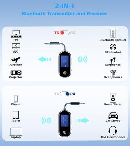 Bluetooth 5.3 Transmitter Receiver 2 in 1 with LCD Screen | Bluetooth Low Latency AUX Adapter for TV/Airplane/Car/Home Stereo, Bluetooth Audio Adapter for Headphones, Plug and Play - style: Single Link