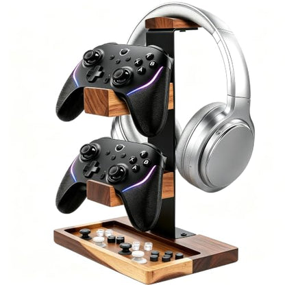 Acacia Wood Gaming Headset Stand & Dual Controller Holder, Solid Wood Desk Organizer Compatible with PS5, Xbox, Switch, Over-Ear Headphones, Gamer Gift for Men