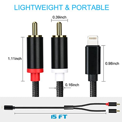 Lightning to RCA Cable Audio Aux Adapter, Stereo Y Splitter Adapter for Select iPhone iPad Models for Power Amplifier, Car, Home Theater, Speaker and More Silver 15FT - size: 15FT