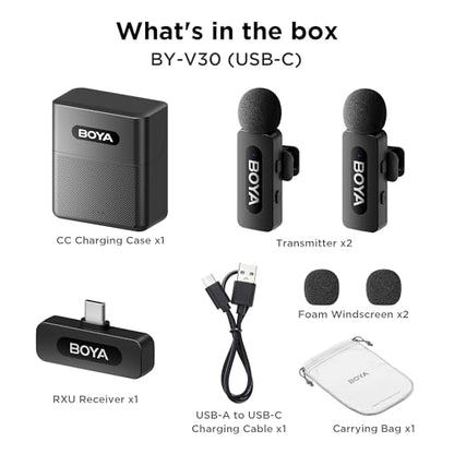 BOYA BY-V30 Wireless Lavalier Microphone,USB Type-C Mini Laple Mics for iPhone16,Android Smartphone,36H Battery,Noise Reduction,328FT Range Clip-on Condenser Mic for YouTube Interview TikTok - style: BY-V30(2TX+RXU+CC)