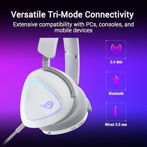 ASUS ROG Delta II Wireless Gaming Headset with Detachable Mic – Tri-Mode (BT, 2.4GHz, 3.5mm), 50mm Titanium-Plated Drivers, 110Hr Battery, Lightweight, for PC, PS5, PS4, Xbox, Switch, Mobile - White - color: White