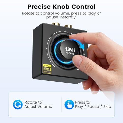 1Mii B06T3+ Bluetooth Receiver with LDAC for Home Stereo, Wired Speakers | Hi-Res Wireless Audio Adapter with aptX Low Latency & HD, Knob Volume Control, RCA/3.5mm AUX for Music Streaming
