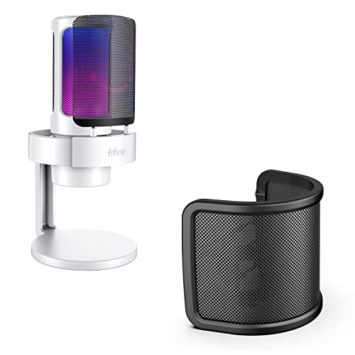 FIFINE AMPLIGAME Gaming USB PC Computer Microphone with Headphone Jack, Controllable RGB, Pop Filter, for Live Streaming, Meeting, Podcasting, Video (A8W+U1)