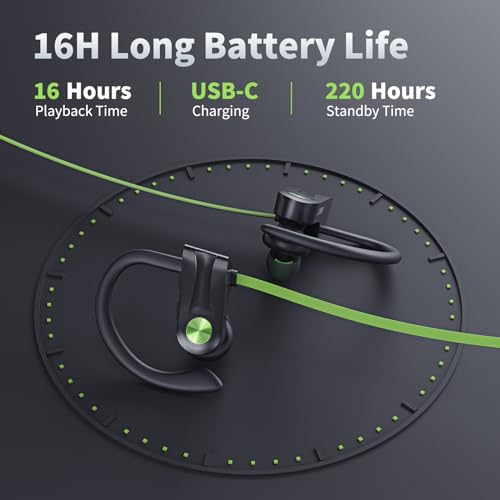 JOYWISE Bluetooth Headphones, Wireless Earbuds IPX7 Waterproof for Gym | Bluetooth 5.3 Headphones with 16Hrs Playtime Stereo Bass Headsets with Mic Running Headsets with Earhooks for Sports Running - color: Green