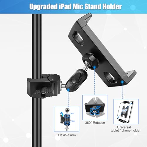 Mic Stand Tablet Holder, 360° Swivel iPad Mic Stand Holder Phone iPad Holder for Mic Stand/ Treadmill/ Spin Bike/ Peloton Exercise Bike Handlebar Mount, Fits 4-12.9" iPad, iPhone, Android Smartphones - size: 4 Inch Arm