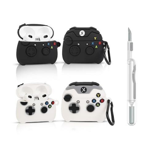 (2Pack+Cleaner Pen) XMBYGY Case for Apple AirPods 3rd Generation Wireless Earbuds with Cleaning Pen Kit, Silicone Cute Charging Case Shockproof Protective Cover and Carabiner for AirPods 3 (GPDBK+WT) - color: GPDBK+WT