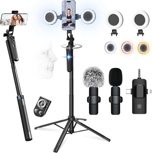 71" Content Creator Essentials Vlogging Kit - 2 Lights & 2 Mics | 360° Rotating Auto Face Tracking Tripod for iPhone/Android/Camera with Wireless Remote, No App for Vlog, Live, Video Record