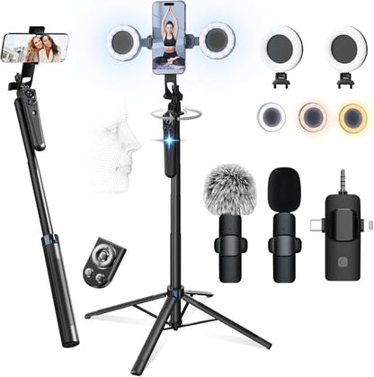 71" Content Creator Essentials Vlogging Kit - 2 Lights & 2 Mics | 360° Rotating Auto Face Tracking Tripod for iPhone/Android/Camera with Wireless Remote, No App for Vlog, Live, Video Record