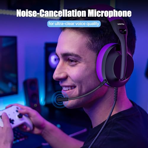 WIRWTRU Wired Gaming Headset for PS5, Xbox, Xbox Series X|S, PC, PS4 | 198g Lightweight Design, Noise Cancelling Microphone, Soft Earmuffs, 3.5mm Jack for Gaming & Work - color: Black&Purple