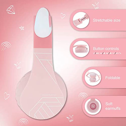 PowerLocus Bluetooth Headphones for Kids, Wireless Foldable Headphones Over Ear, Headphone with Microphone, 85DB Volume Limit, Wireless and Wired Headset with Micro SD, FM for Cellphones, Tablets, PC - color: Pink Cat Ears