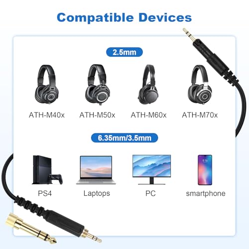 Replacement ATH-M50x Audio Cable Cord Compatible with Audio Technica ATH-M50x, ATH-M40x, ATH-M60x, ATH-M70x, 2.5mm to 3.5mm Aux Cord with 6.35mm Adapter(6.5FT) - size: 6.5FT