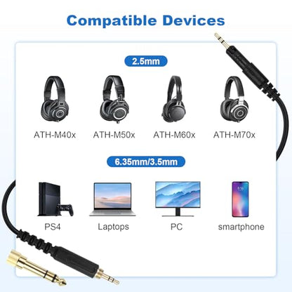 Replacement ATH-M50x Audio Cable Cord Compatible with Audio Technica ATH-M50x, ATH-M40x, ATH-M60x, ATH-M70x, 2.5mm to 3.5mm Aux Cord with 6.35mm Adapter(6.5FT) - size: 6.5FT