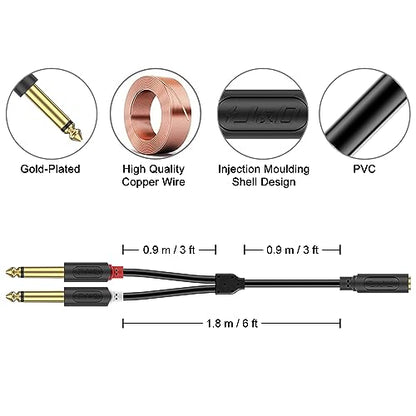 J&D 3.5mm to Dual 1/4 TS Stereo Breakout Cable, Gold Plated Audiowave Series 3.5mm 1/8 inch TRS Female to 2X 6.35mm 1/4 inch TS Male Mono Audio Cable Splitter for Spekers, Amplifiers, Mixs, 6 Feet - size: 6 Feet