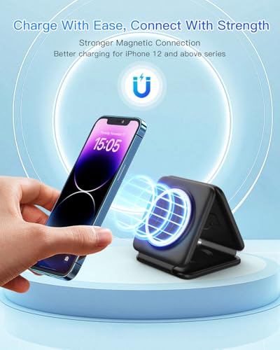 Fold Magnetic Wireless Charger for iPhone: Compact Charging Pad Fit Travel | 3 in 1 Charging Station for Magsafe Apple Watch iPhone 17 16 15 14 13 12 & Airpod - Charger Dock for Travel Bedside Office - color: Dark black