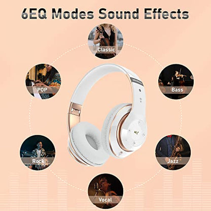 Bluetooth Headphones Over Ear, 6S Foldable Wireless Headphones with 6 EQ Modes, 40 Hours Playtime HiFi Stereo Headset with Mic, Soft Ear Pads, TF/FM for Cellphone/PC/Home (White & Gold) - color: Gold