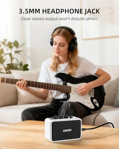 LEKATO Mini Guitar Amplifier AG-04, Dual Speakers 5W, Rechargeable Electric Guitar Amp Bluetooth with Clean Overdrive, 6H Working, Headphone Jack, Wireless Portable Small Amp for Practice (White) - color: White