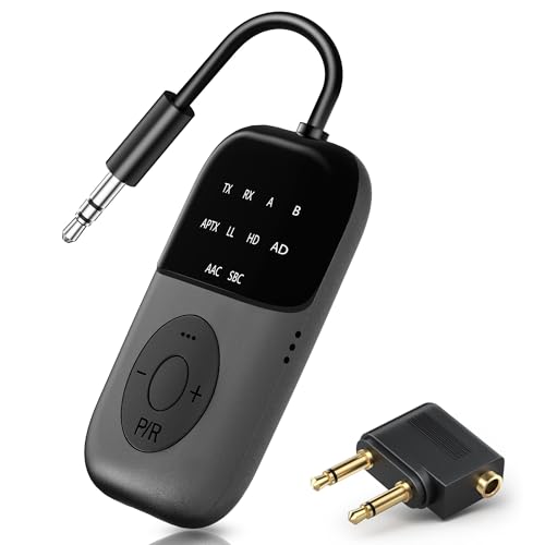 Bluetooth 5.4 Transmitter Receiver,2-in-1 Airplane Bluetooth Adapter | Dual Headphones & 24H Battery Life for TV, Airplane, Car, Tablets, Wireless TV Headpset, Compatible with AirPods & aptX