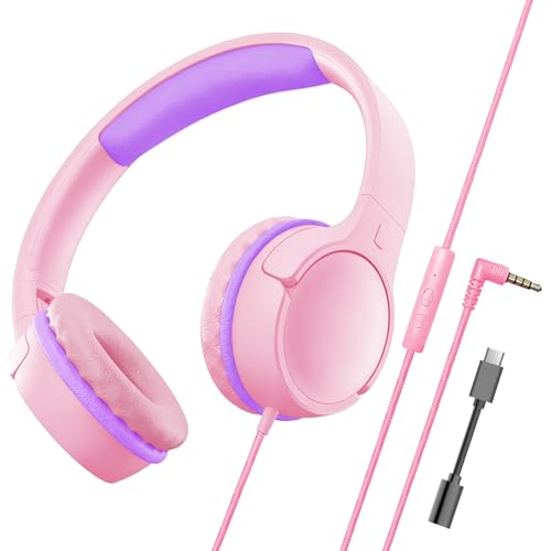 Kids Headphones with Mic, 85/94dB Volume Limit, 3.5mm & USB-C - color: Candy Pink